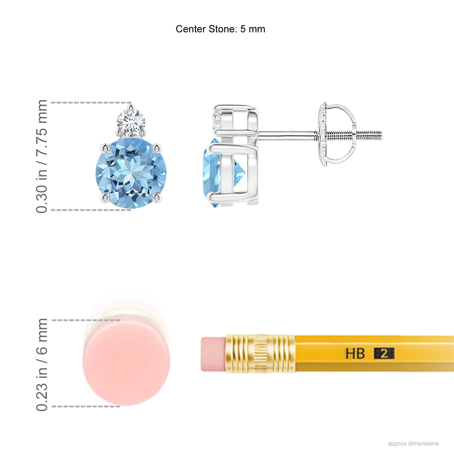 5mm AAAA Basket-Set Round Aquamarine Stud Earrings with Diamond in White Gold - ruler