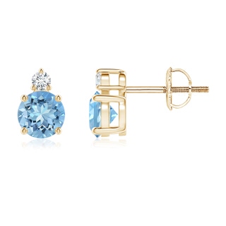 5mm AAAA Basket-Set Round Aquamarine Stud Earrings with Diamond in Yellow Gold