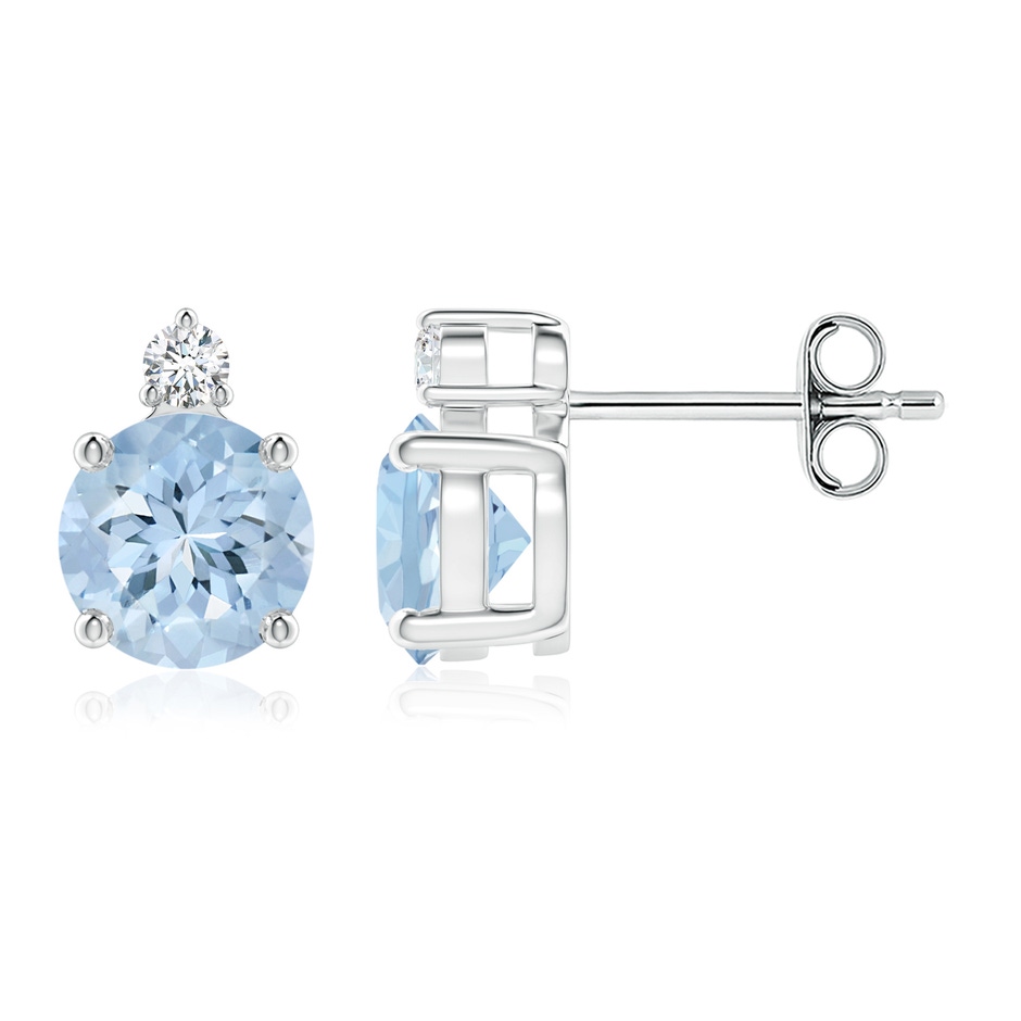 6mm AA Basket-Set Round Aquamarine Stud Earrings with Diamond in S999 Silver 