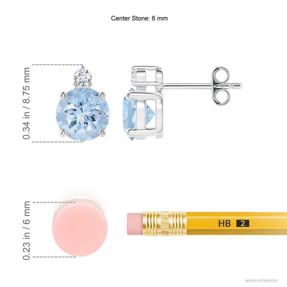 6mm AA Basket-Set Round Aquamarine Stud Earrings with Diamond in S999 Silver ruler