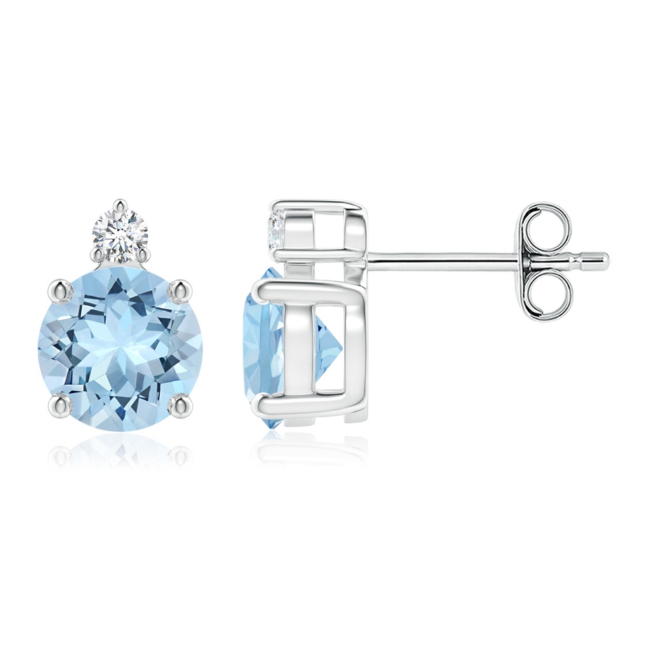 6mm AAA Basket-Set Round Aquamarine Stud Earrings with Diamond in S999 Silver 