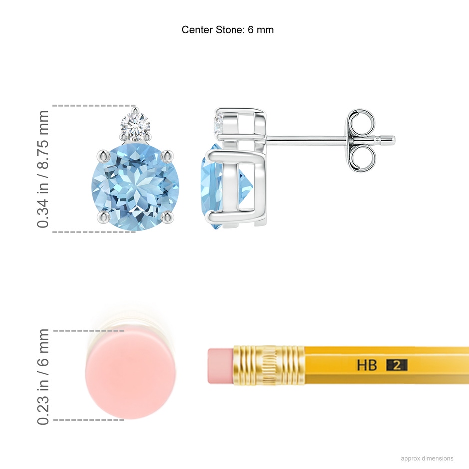 6mm AAAA Basket-Set Round Aquamarine Stud Earrings with Diamond in S999 Silver ruler