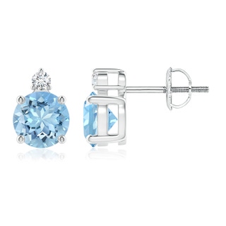 6mm AAAA Basket-Set Round Aquamarine Stud Earrings with Diamond in White Gold