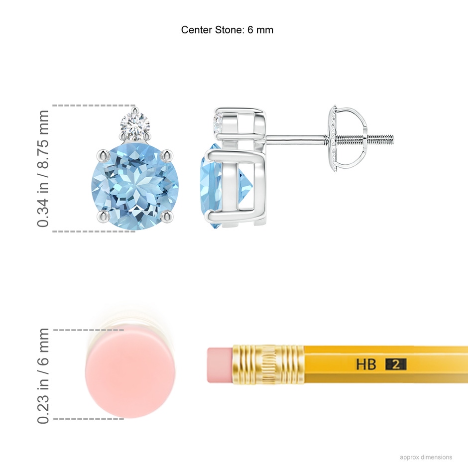 6mm AAAA Basket-Set Round Aquamarine Stud Earrings with Diamond in White Gold ruler