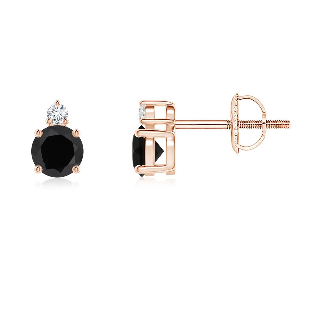 4mm AAA Basket-Set Round Black Onyx Stud Earrings with Diamond in Rose Gold