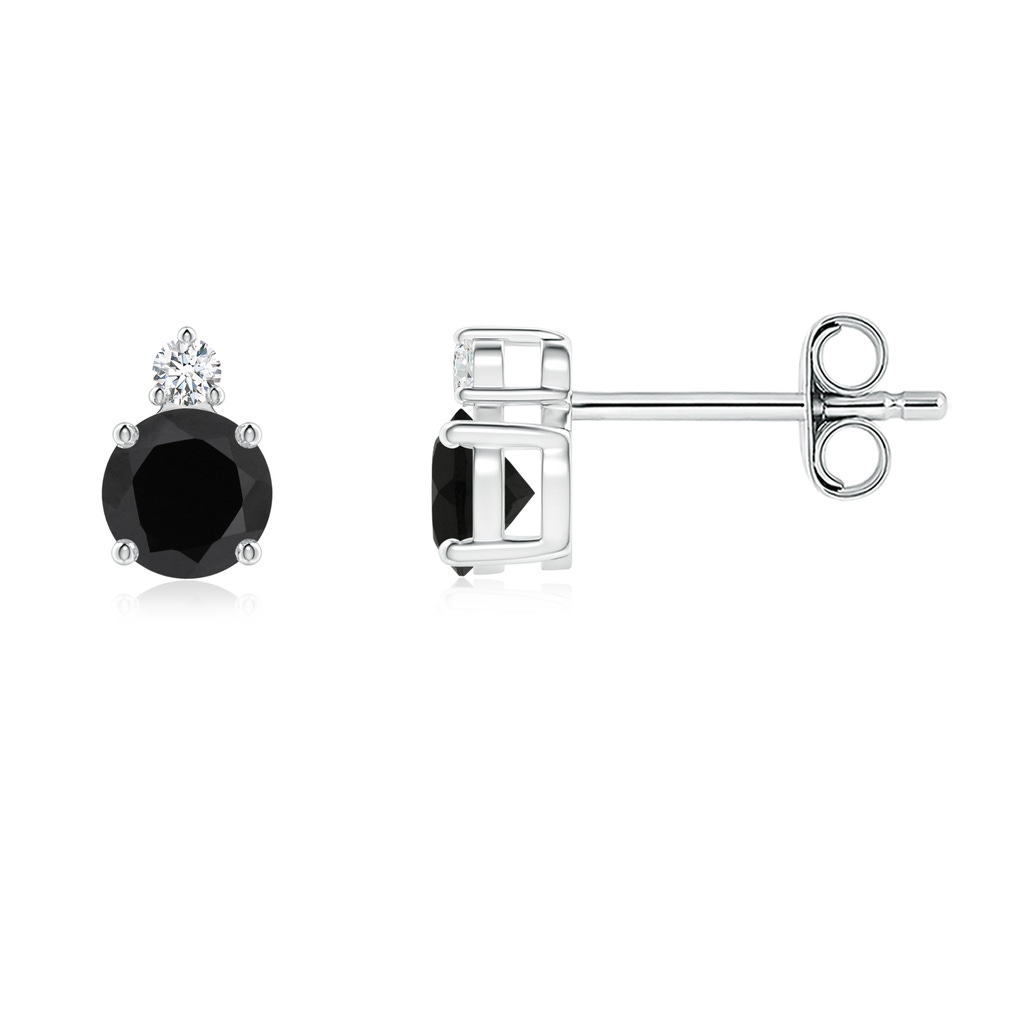 4mm AAA Basket-Set Round Black Onyx Stud Earrings with Diamond in S999 Silver