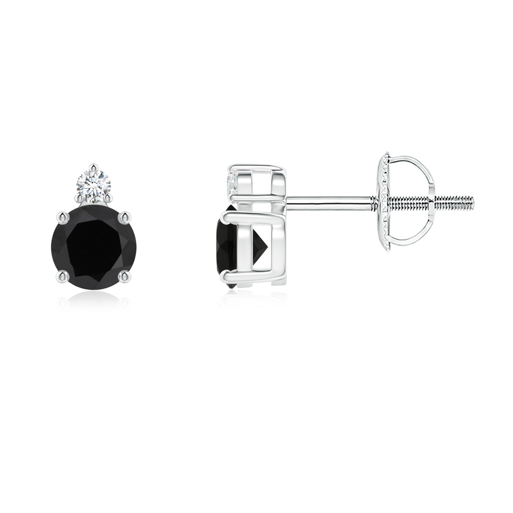4mm AAA Basket-Set Round Black Onyx Stud Earrings with Diamond in White Gold