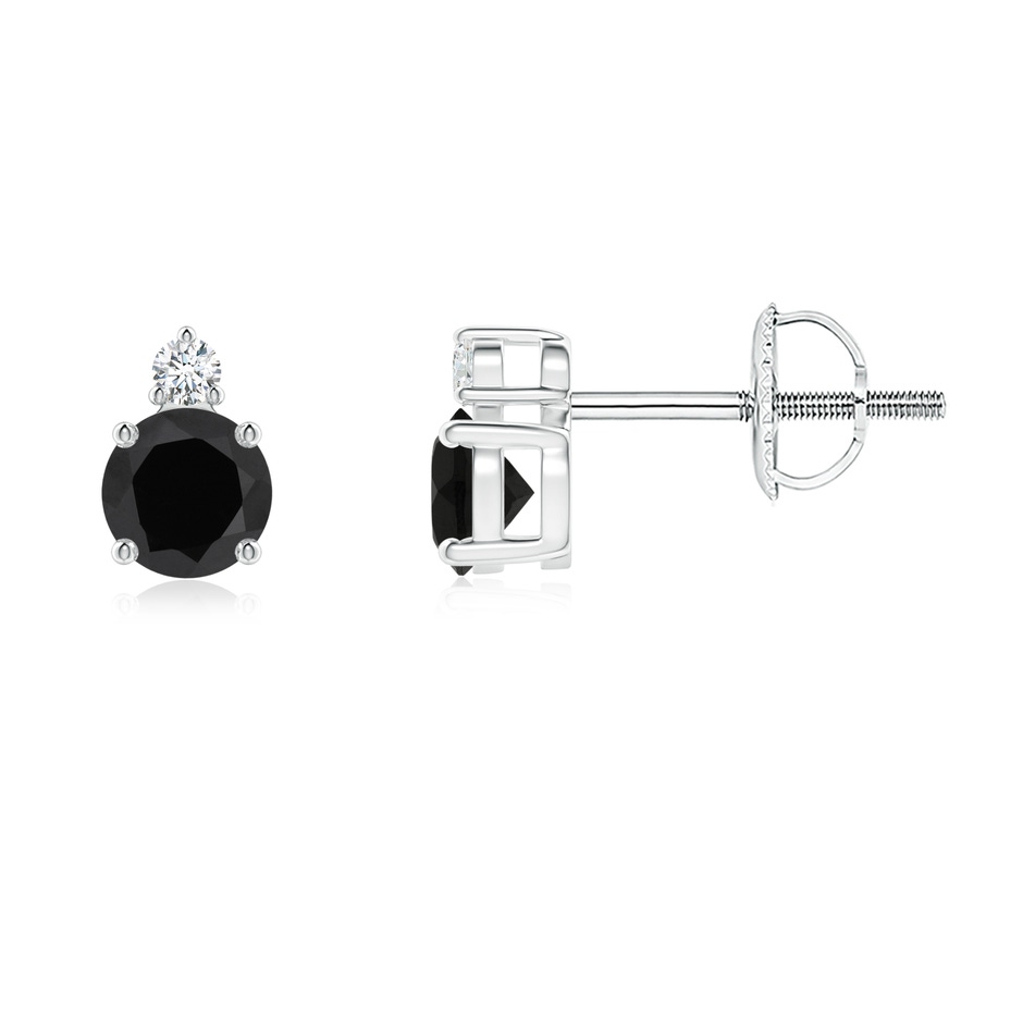 4mm AAA Basket-Set Round Black Onyx Stud Earrings with Diamond in White Gold 