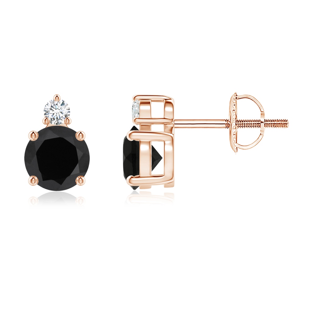 5mm AAA Basket-Set Round Black Onyx Stud Earrings with Diamond in Rose Gold