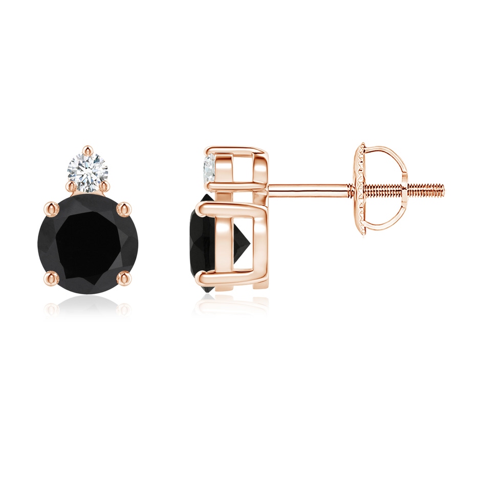 5mm AAA Basket-Set Round Black Onyx Stud Earrings with Diamond in Rose Gold 