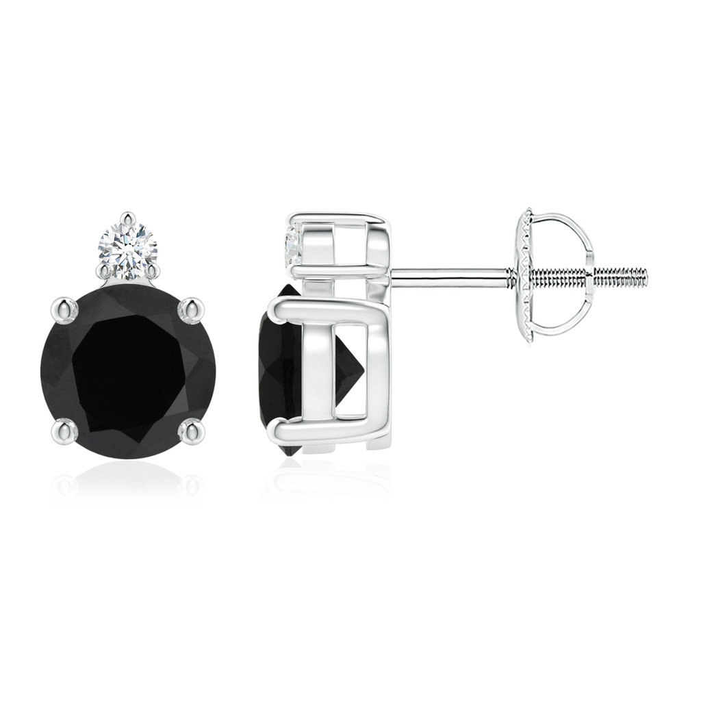 6mm AAA Basket-Set Round Black Onyx Stud Earrings with Diamond in White Gold