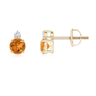 4mm AAA Basket-Set Round Citrine Stud Earrings with Diamond in 9K Yellow Gold