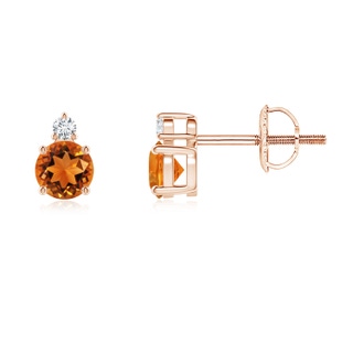 4mm AAAA Basket-Set Round Citrine Stud Earrings with Diamond in 9K Rose Gold
