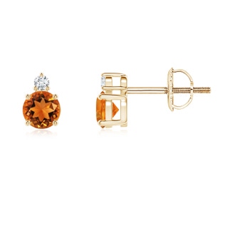 4mm AAAA Basket-Set Round Citrine Stud Earrings with Diamond in 9K Yellow Gold