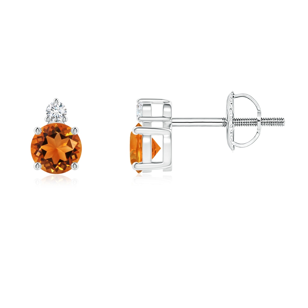 4mm AAAA Basket-Set Round Citrine Stud Earrings with Diamond in P950 Platinum