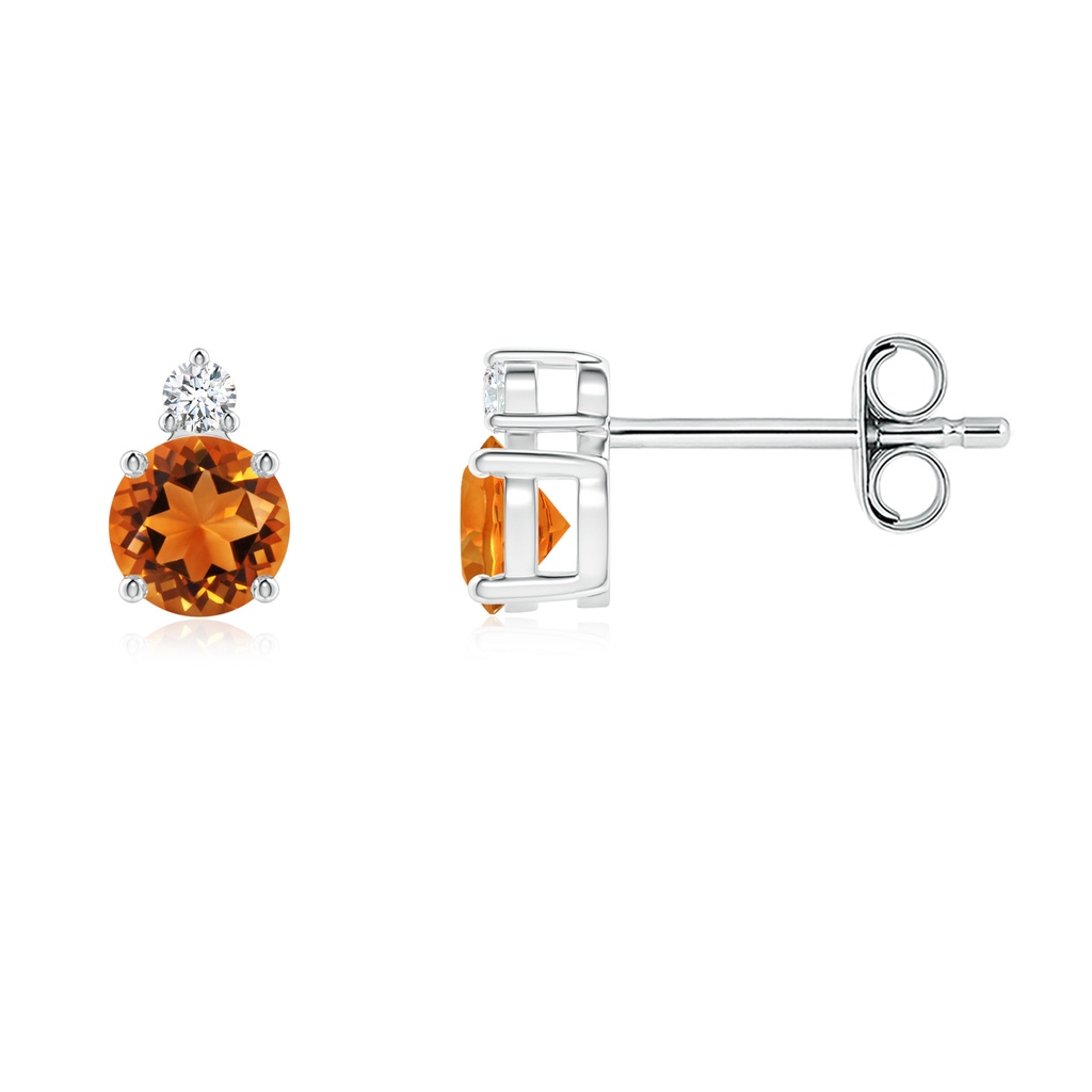 4mm AAAA Basket-Set Round Citrine Stud Earrings with Diamond in S999 Silver