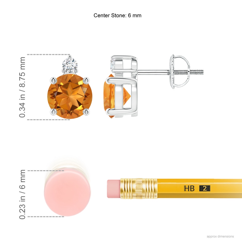 6mm AAA Basket-Set Round Citrine Stud Earrings with Diamond in P950 Platinum ruler