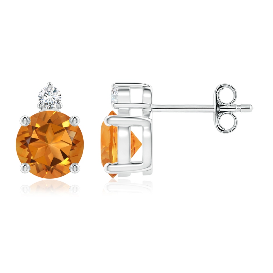 6mm AAA Basket-Set Round Citrine Stud Earrings with Diamond in S999 Silver 