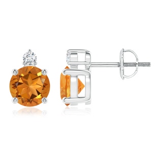 6mm AAA Basket-Set Round Citrine Stud Earrings with Diamond in White Gold