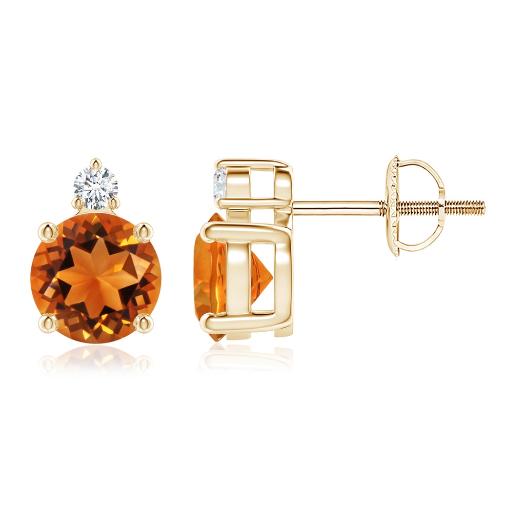 6mm AAAA Basket-Set Round Citrine Stud Earrings with Diamond in Yellow Gold