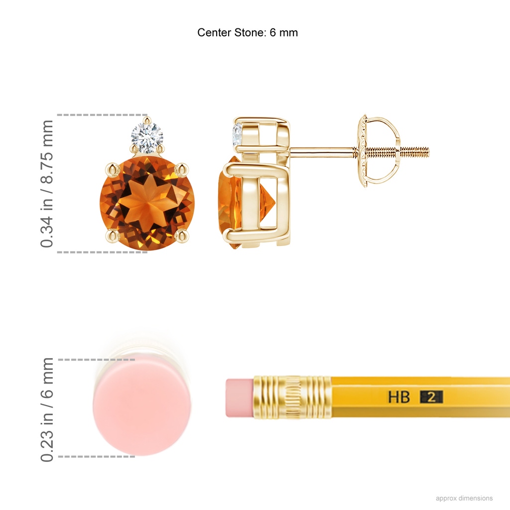 6mm AAAA Basket-Set Round Citrine Stud Earrings with Diamond in Yellow Gold Ruler