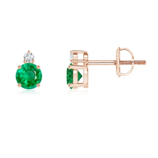 4mm AAA Basket-Set Round Emerald Stud Earrings with Diamond in Rose Gold