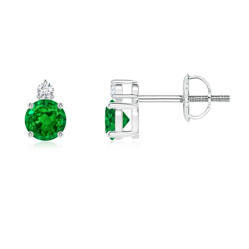 4mm AAAA Basket-Set Round Emerald Stud Earrings with Diamond in P950 Platinum