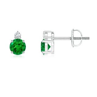 4mm AAAA Basket-Set Round Emerald Stud Earrings with Diamond in P950 Platinum