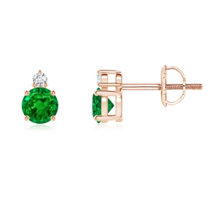 4mm AAAA Basket-Set Round Emerald Stud Earrings with Diamond in Rose Gold