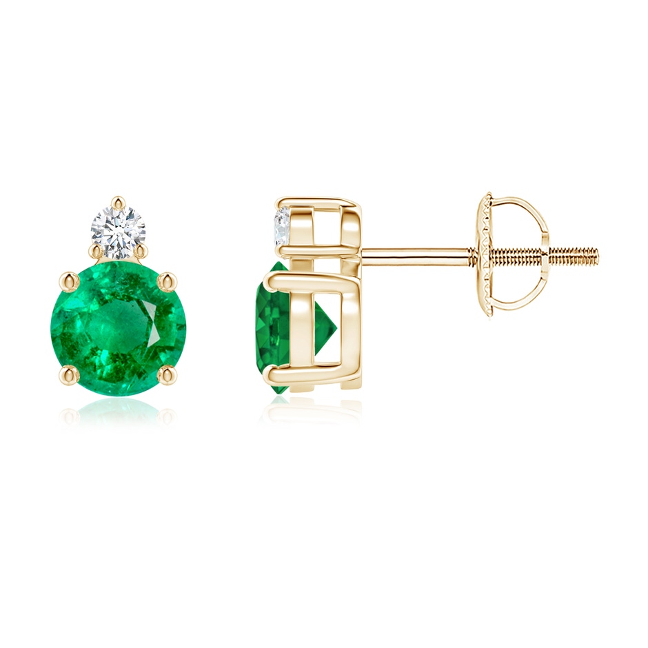 5mm AAA Basket-Set Round Emerald Stud Earrings with Diamond in Yellow Gold 