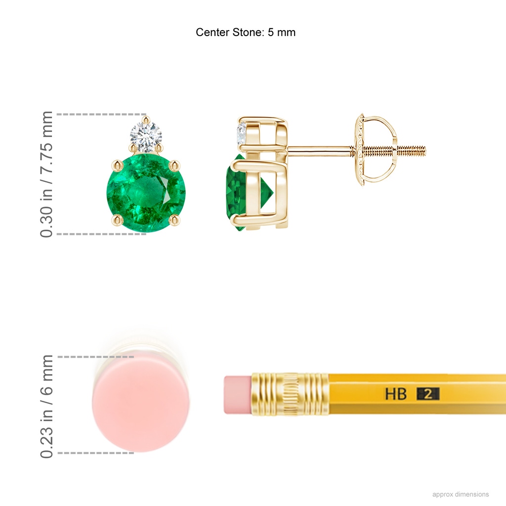 5mm AAA Basket-Set Round Emerald Stud Earrings with Diamond in Yellow Gold Ruler