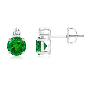 5mm AAAA Basket-Set Round Emerald Stud Earrings with Diamond in P950 Platinum