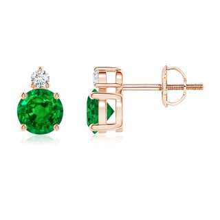 5mm AAAA Basket-Set Round Emerald Stud Earrings with Diamond in Rose Gold