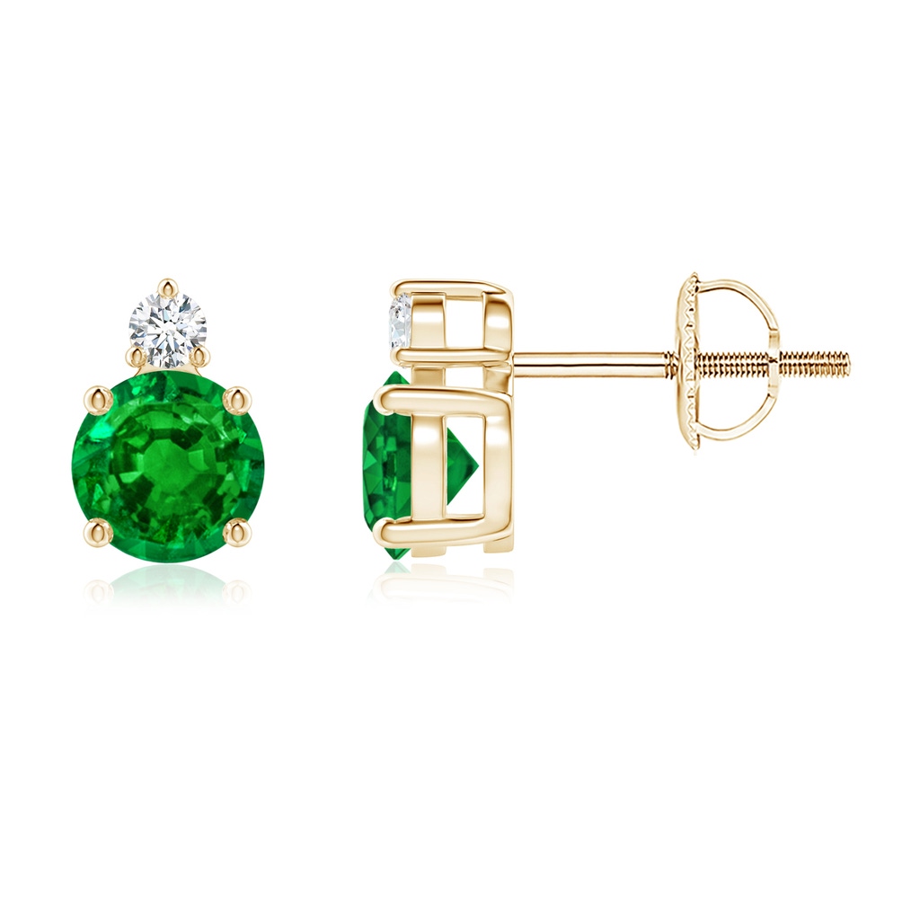 5mm AAAA Basket-Set Round Emerald Stud Earrings with Diamond in Yellow Gold 