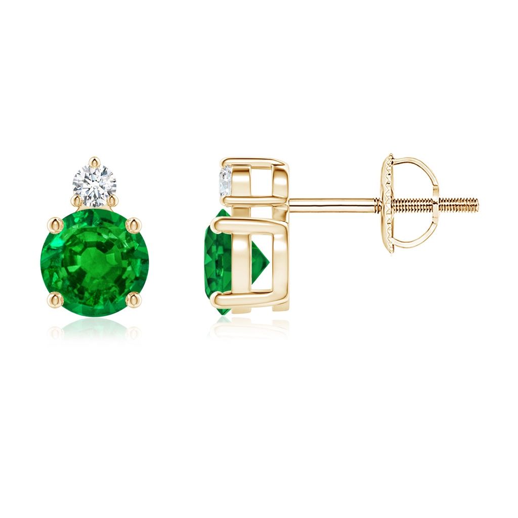5mm AAAA Basket-Set Round Emerald Stud Earrings with Diamond in Yellow Gold