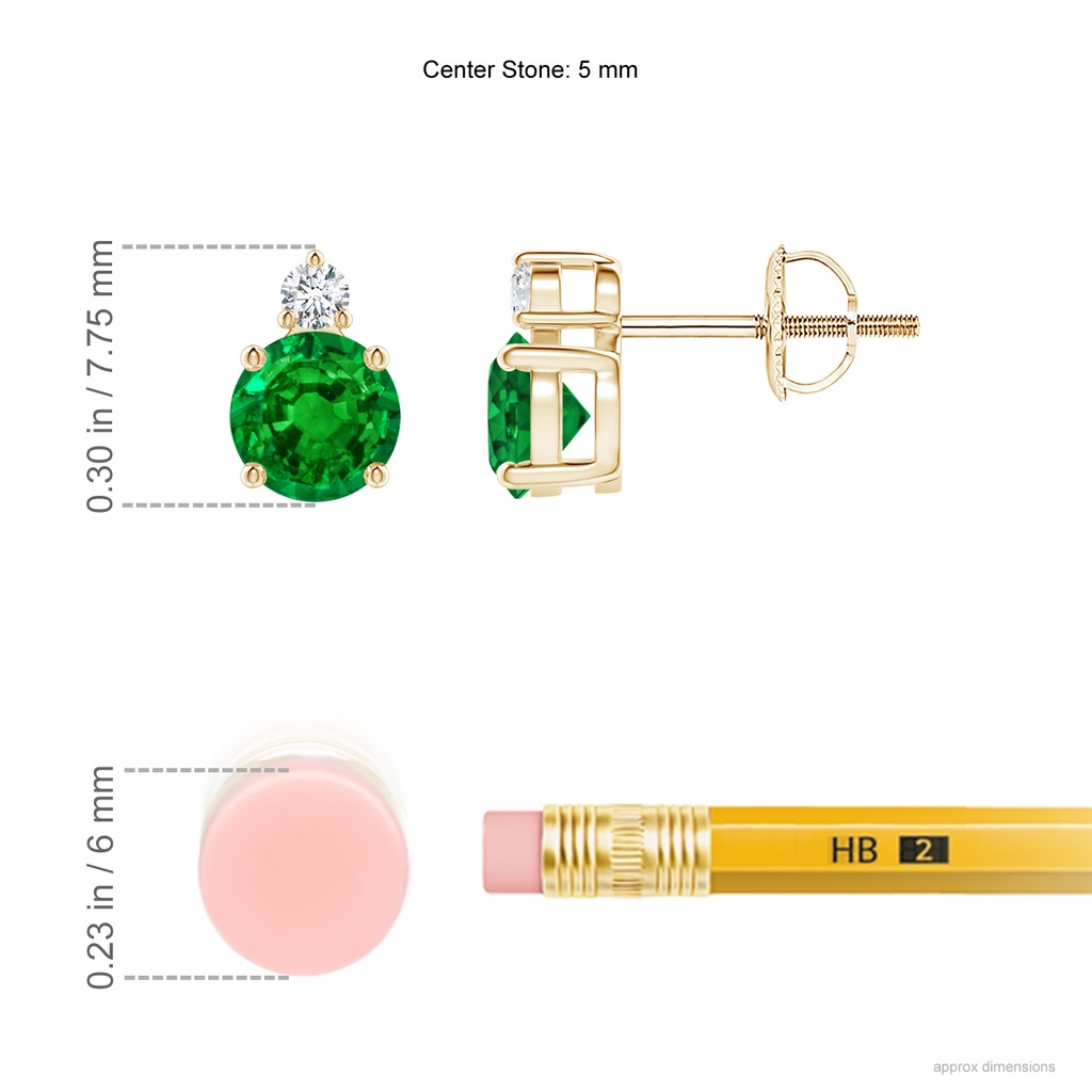 5mm AAAA Basket-Set Round Emerald Stud Earrings with Diamond in Yellow Gold Ruler