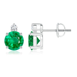 6mm AAA Basket-Set Round Emerald Stud Earrings with Diamond in P950 Platinum