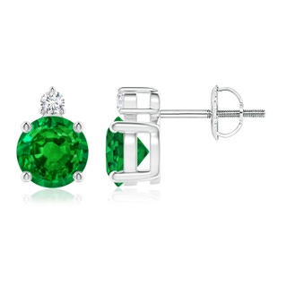 6mm AAAA Basket-Set Round Emerald Stud Earrings with Diamond in P950 Platinum