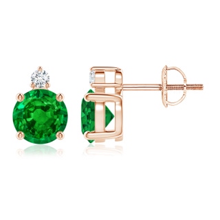 6mm AAAA Basket-Set Round Emerald Stud Earrings with Diamond in Rose Gold