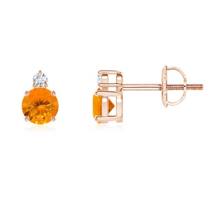 4mm AA Basket-Set Round Fire Opal Stud Earrings with Diamond in Rose Gold