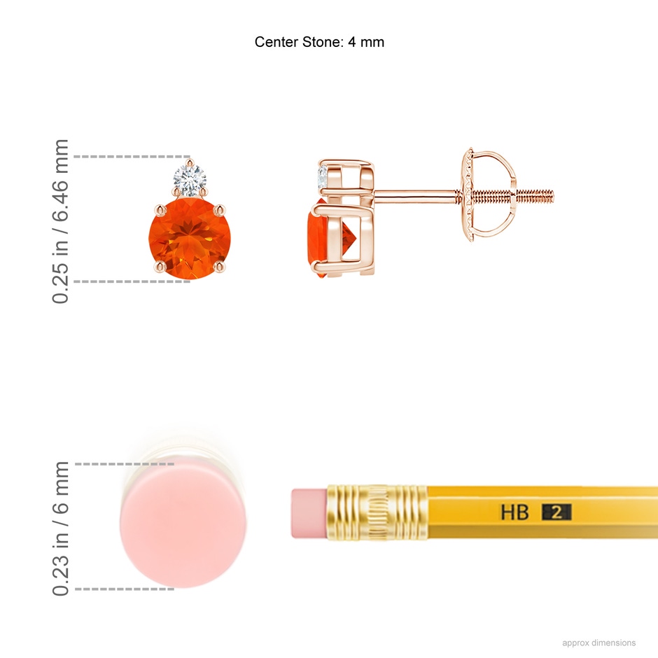 4mm AAA Basket-Set Round Fire Opal Stud Earrings with Diamond in Rose Gold ruler