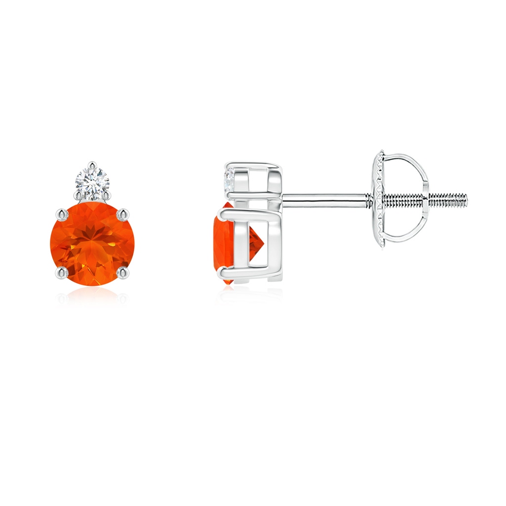 4mm AAA Basket-Set Round Fire Opal Stud Earrings with Diamond in White Gold