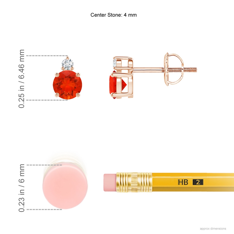 4mm AAAA Basket-Set Round Fire Opal Stud Earrings with Diamond in Rose Gold ruler