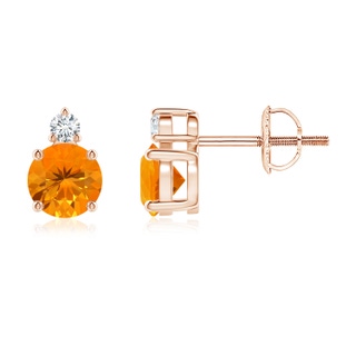 5mm AA Basket-Set Round Fire Opal Stud Earrings with Diamond in Rose Gold