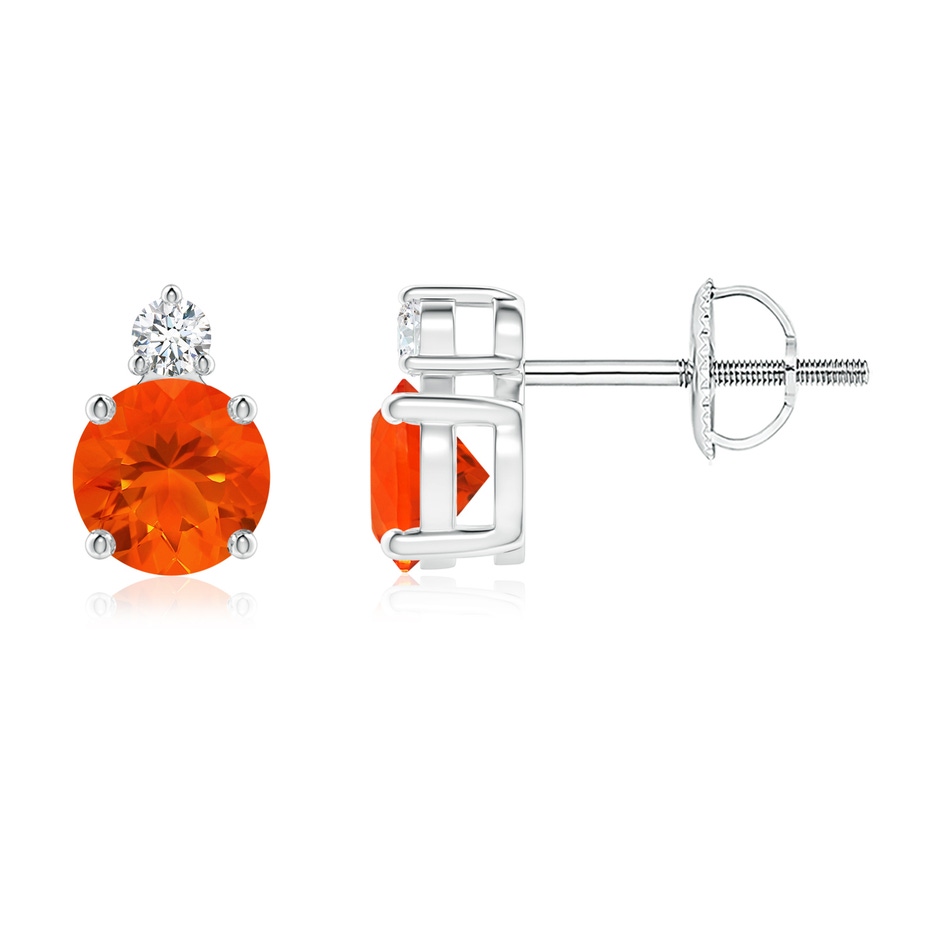 5mm AAA Basket-Set Round Fire Opal Stud Earrings with Diamond in White Gold 
