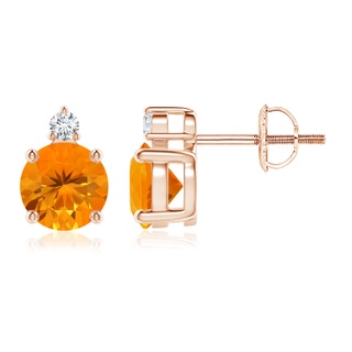 6mm AA Basket-Set Round Fire Opal Stud Earrings with Diamond in Rose Gold