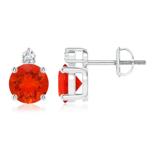 6mm AAAA Basket-Set Round Fire Opal Stud Earrings with Diamond in P950 Platinum