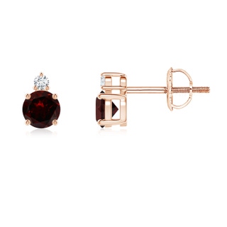 4mm A Basket-Set Round Garnet Stud Earrings with Diamond in Rose Gold