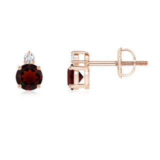 4mm AA Basket-Set Round Garnet Stud Earrings with Diamond in Rose Gold