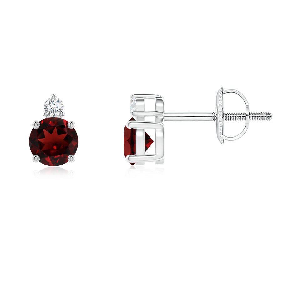 4mm AAA Basket-Set Round Garnet Stud Earrings with Diamond in 18K White Gold 